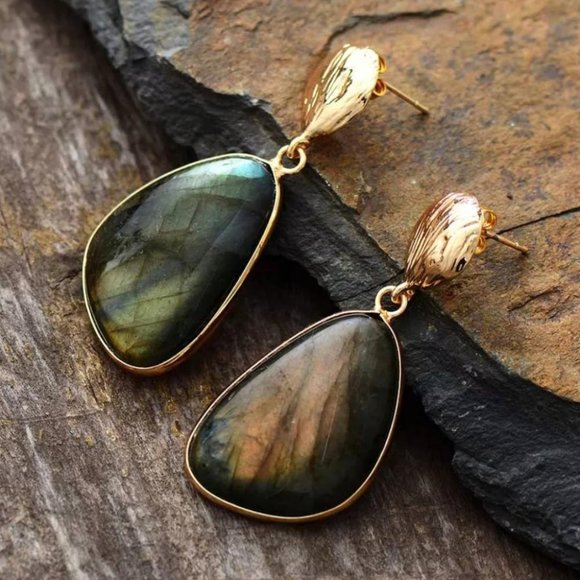 Labradorite Natural Stone Dangling Earrings - Picture 1 of 9